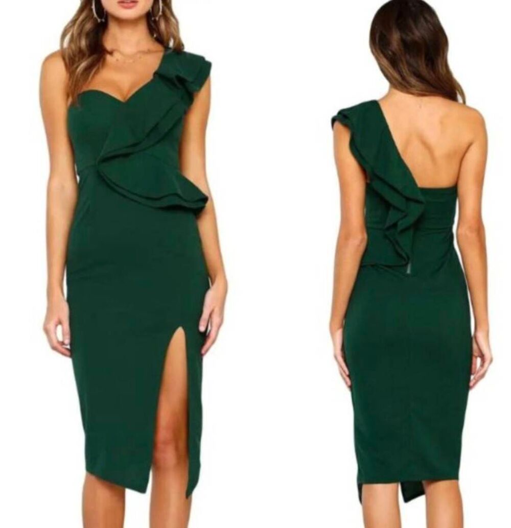 Hello Molly Caruso Midi One Shoulder Sheath Dress Green 4 Formal Party Preppy